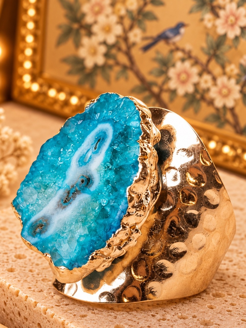 Boho Druzy Geode Statement Ring Hammered Band